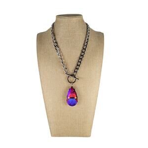 Silver Chain Necklace, Large Hot Pink Teardrop Pendant Toggle Clasp Paparazzi